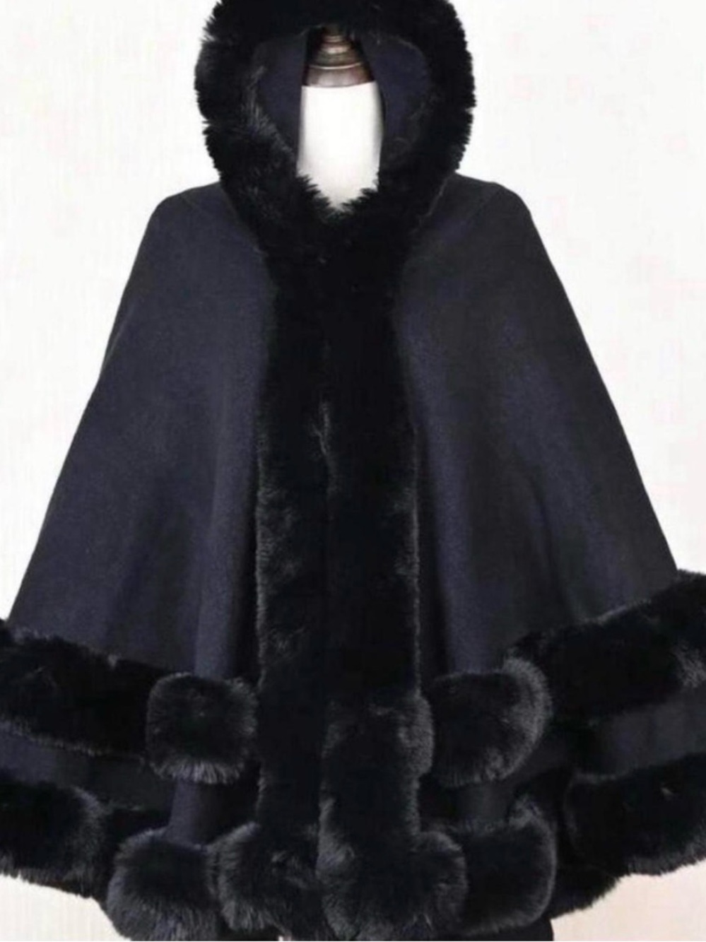Black Fur-Trim Hooded Cape Coat - Women